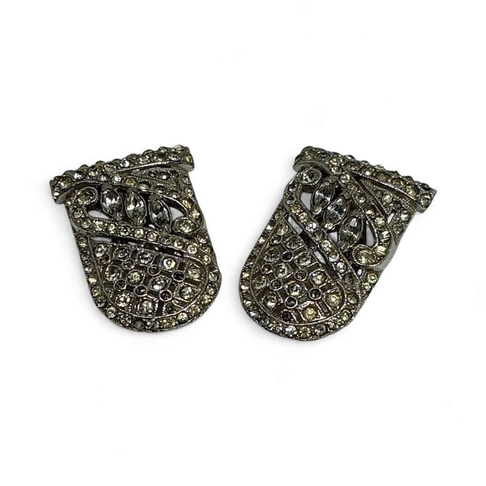 Art Deco Rhinestone Dress Clips Pat. 1852186 Silver Tone 1930s Duette Style